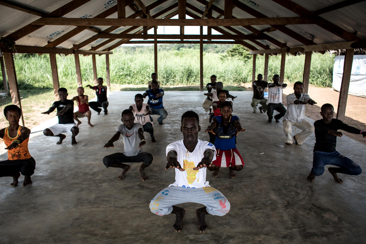Democratic Republic of Congo. Central African Refugees take part in a theatre dance class in the Inke Refugee Camp.