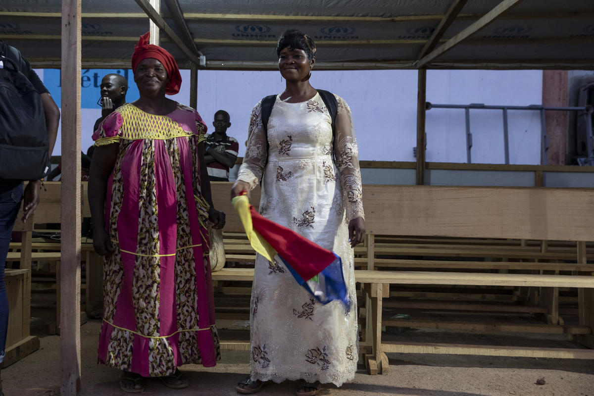 Central African Republic. A returnee celebrates when she arrives in the Central African Republic