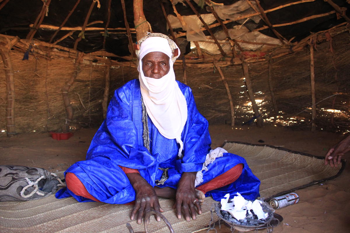 Niger. A displaced pastoralist in his shelter at an IDP site in Tahoua region
