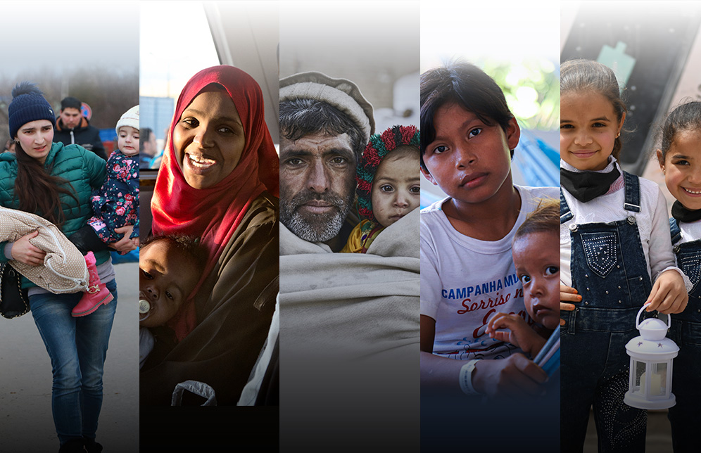 A collage of refugees and displaced people, featuring several adults and children.