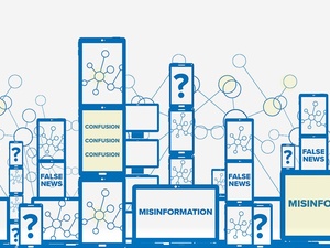 An illustration showing lots of phone screens and text saying "misinformation", "false news" and "confusion" with question marks.