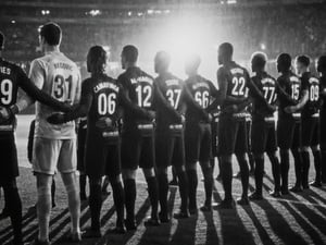 AI-assisted rearview image of a football team lined up on the pitch inside a brightly lit stadium 