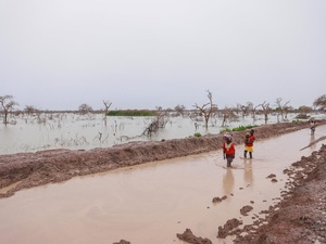 Adults carry children and belongings along a waterlogged road.