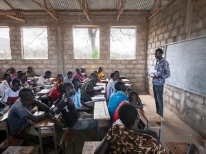South Sudanese teacher Lim Bol teaches at a primary school in Kule refugee camp, Ethiopia, March 2016.