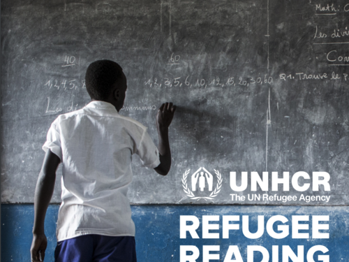 The cover of Refugee Reading Workshop by UNHCR depicts a boy drawing on a chalkboard