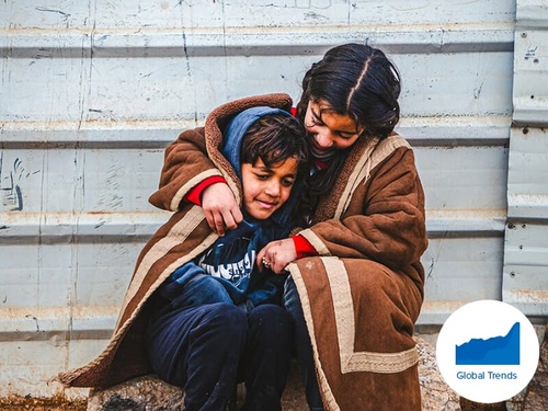 Cover of the Global Trends 2024 report showing two young Syrian refugees wrapped in a blanket