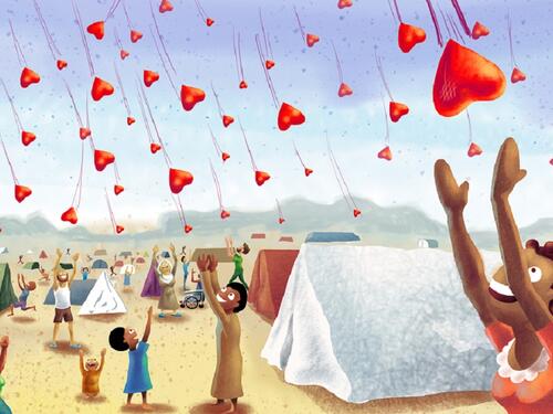An animated image of people in a refugee camp catching hearts falling from the sky 