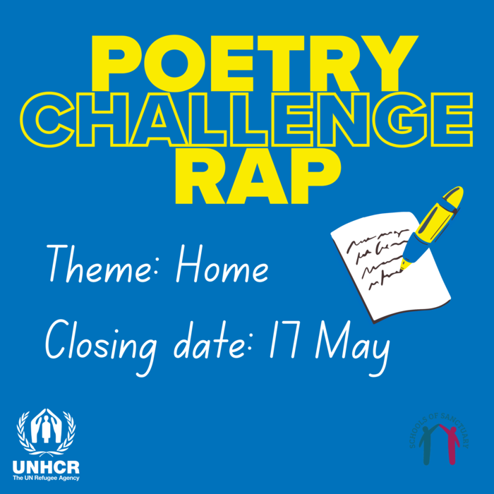 A graphic says poetry and rap challenge, theme is home and the closing date is the 17 May