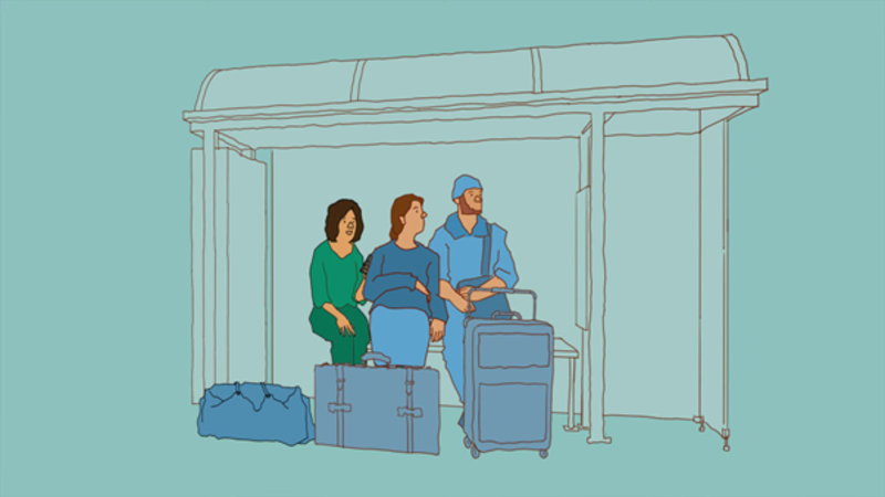 Illustration of refugees waiting at a bus stop, carrying luggage.