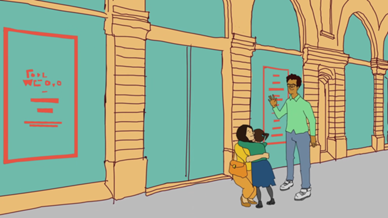 A woman hugging a young child while a man waves at them.