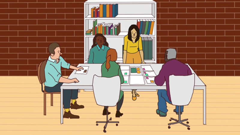 Illustration of teachers sitting at a table.