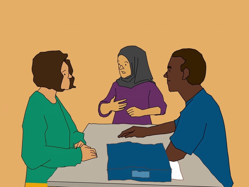 Illustration of two women and one man sitting together at a table and talking to each other.