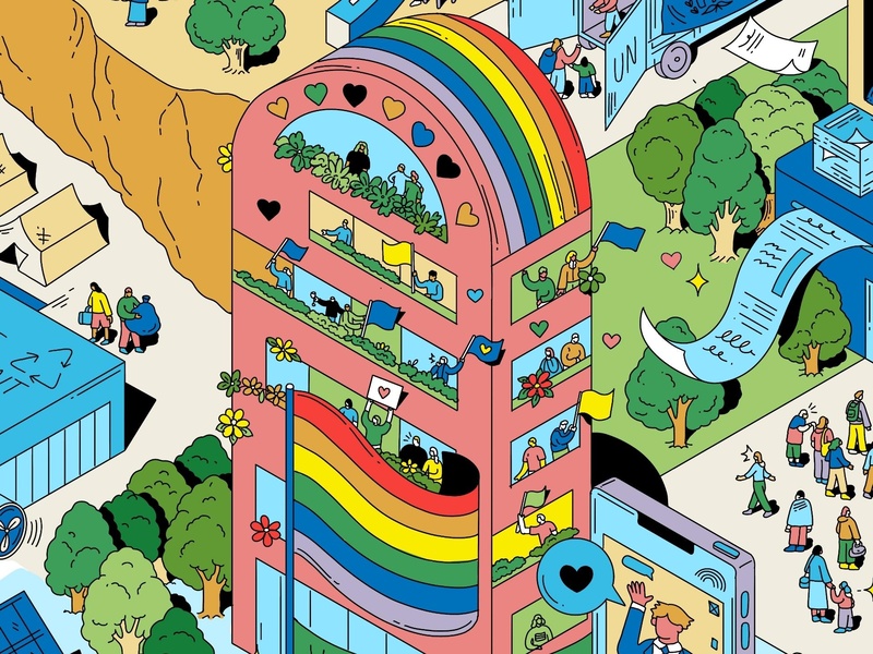 Illustration of a colourful building. Its residents wave various flags from their balconies.