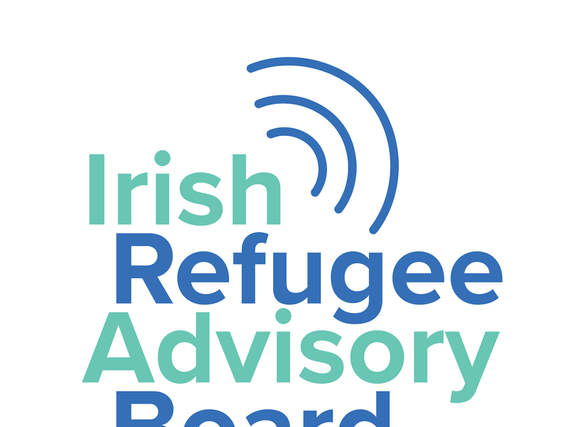 A logo saying refugee advisory board with three curved lines like a megaphone on the right of the text