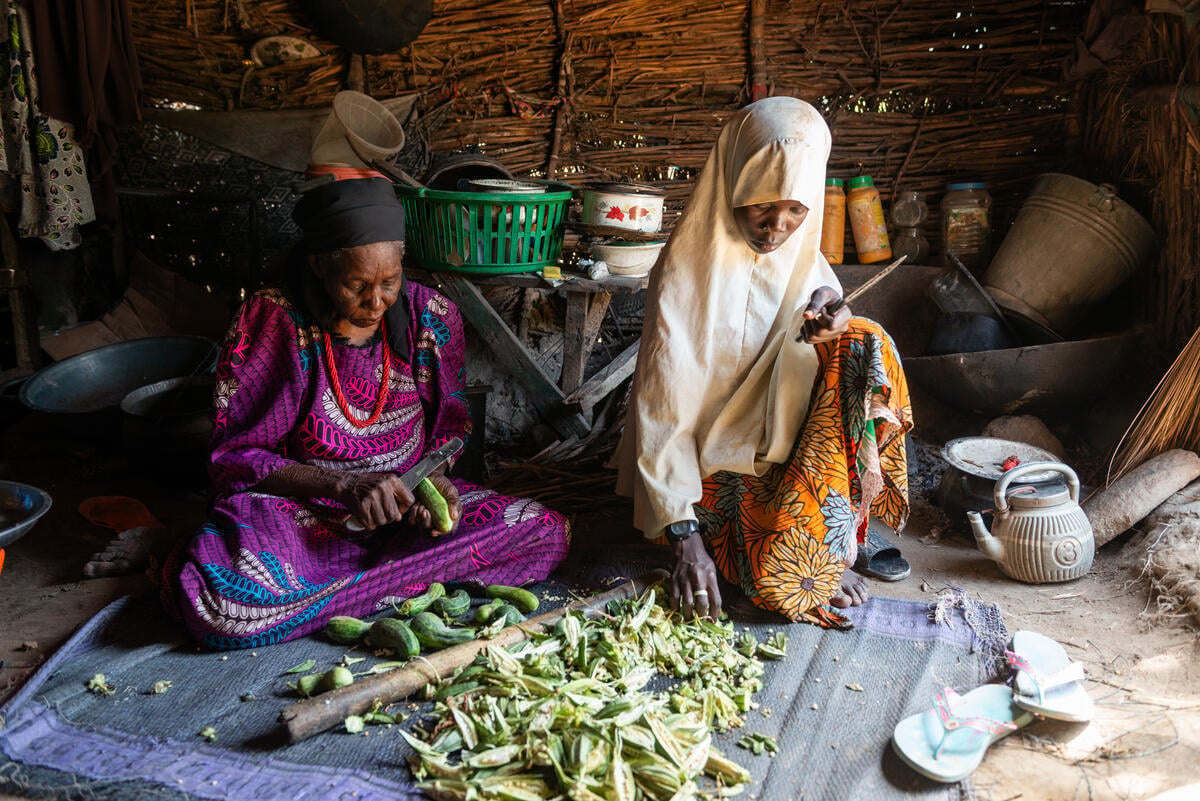An older woman and a girl prepare vegetables on a mat on the the floor of a shelter.