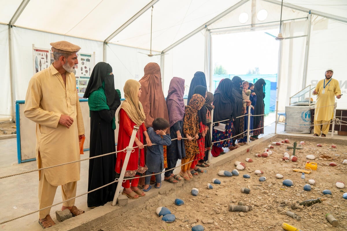 A group of 17 mostly women and children stand in front of a fenced area of dirt ground containing blue and red coloured rocks and other objects while listening to a man wearing a blue lanyard speak.