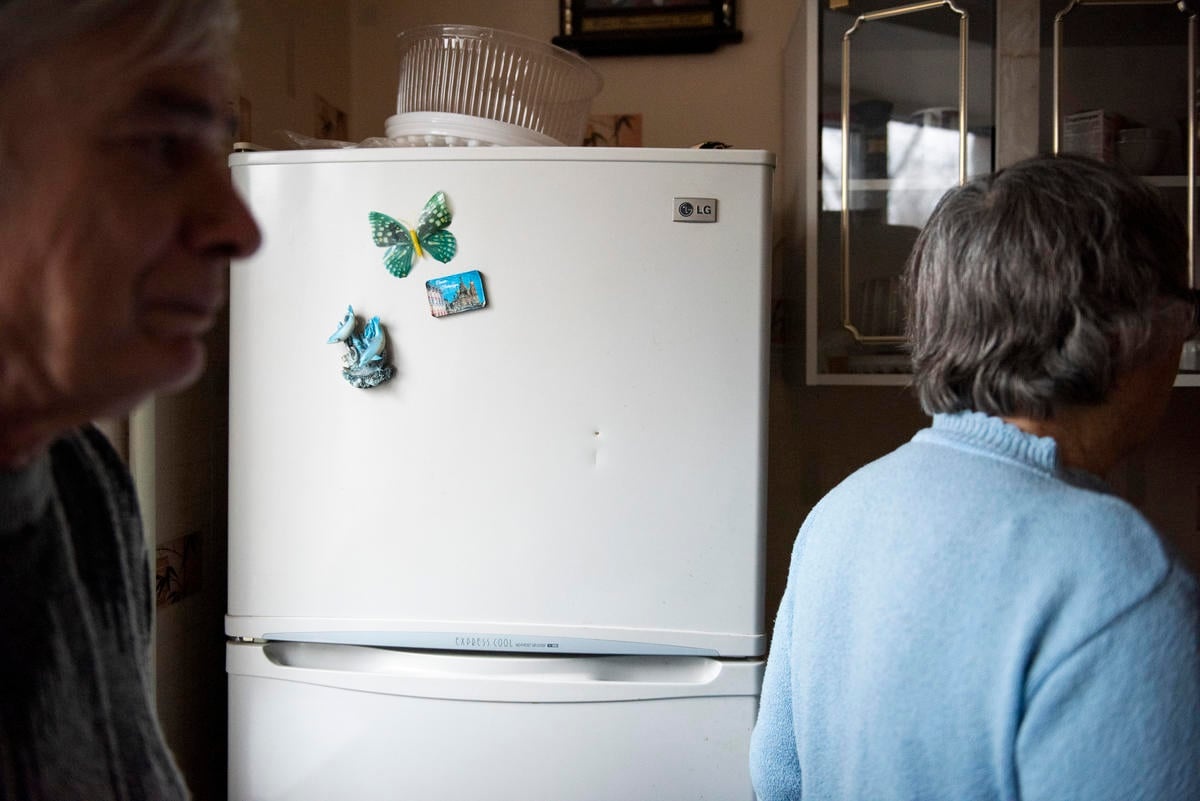 Ukraine. A mark made by a bullet striking a refrigerator during fighting in May 2018 in Donbas area