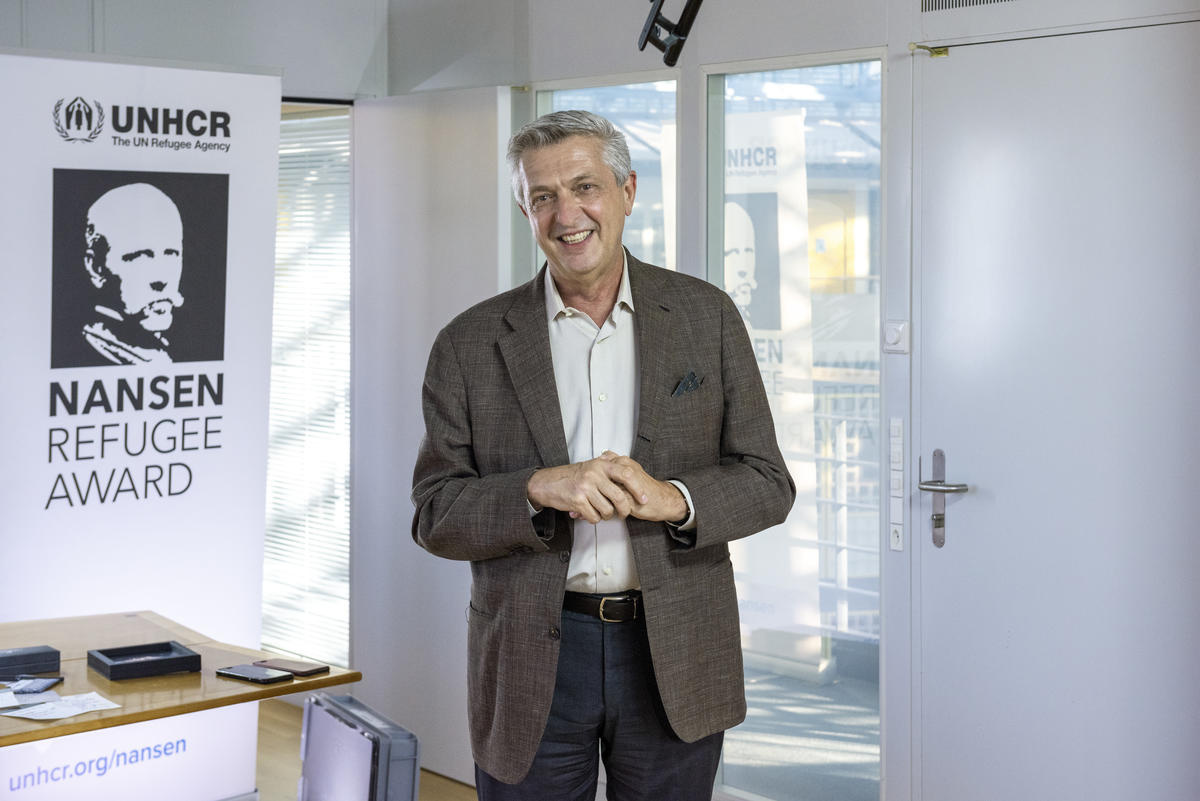 UN High Commissioner for Refugees Filippo Grandi recording part of the virtual Nansen Award ceremony from Geneva, Switzerland.