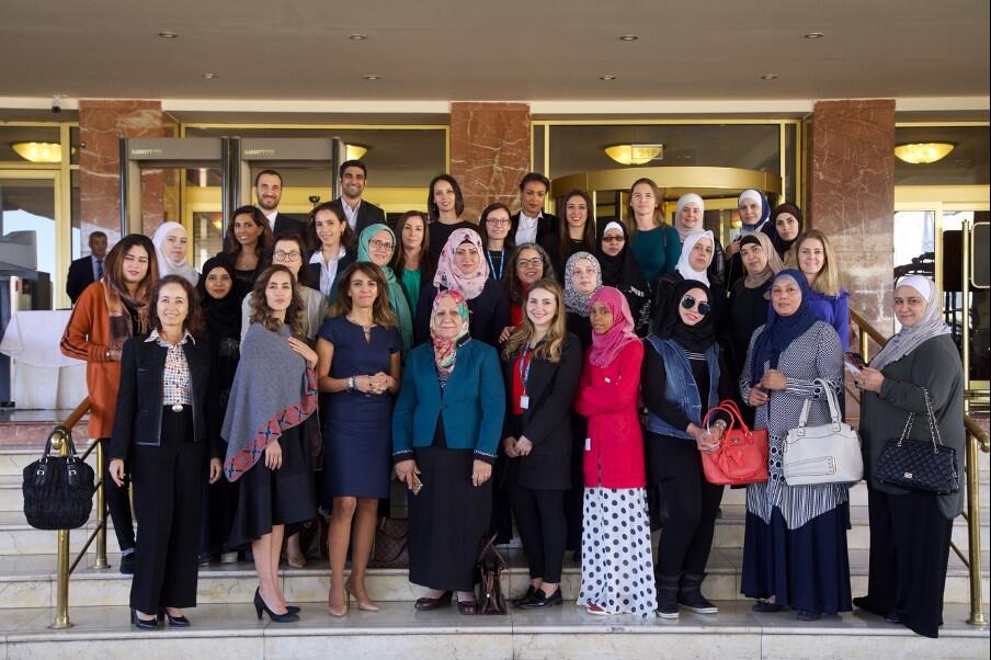 UNHCR UN Refugee Agency, The Middle East and North Africa Civil Society Network for Displacement (MENA CSND): Participants of the Roundtable on the Role of Women's Entrepreneurship in MENA posing in front of building for a picture