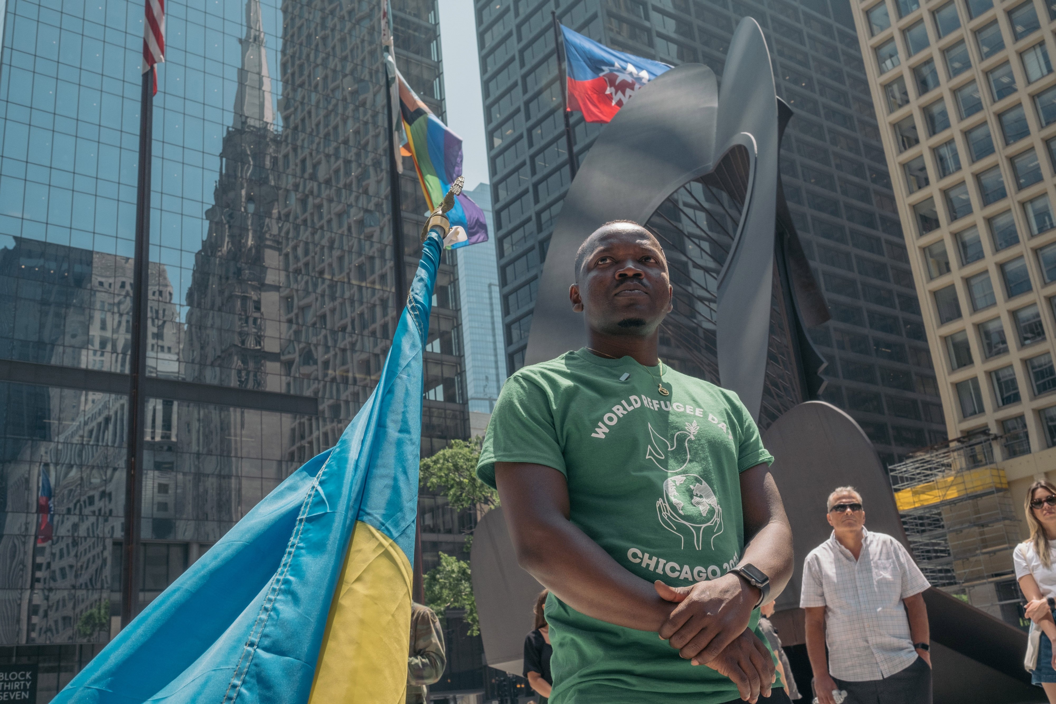 Emma Yaaka, an LGBTIQ+ refugee from Uganda, at a rally in downtown Chicago.