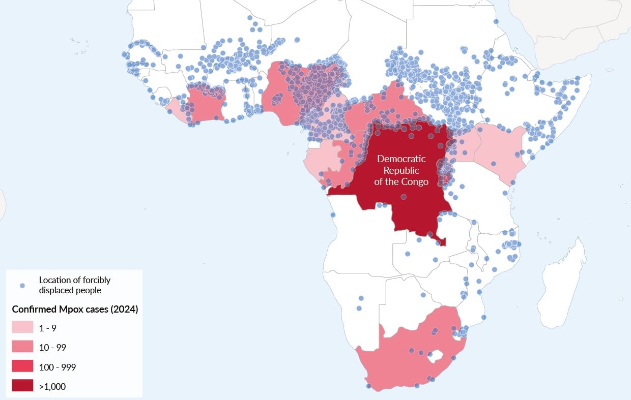 A map of Africa showing mpox cases and locations of forcibly displaced people. It highlights Democratic Republic of the Congo, where there are more than 1000 confirmed mpox cases. Several nearby countries in Africa show between 100-999 cases, 10-99 cases and 1-9 cases.