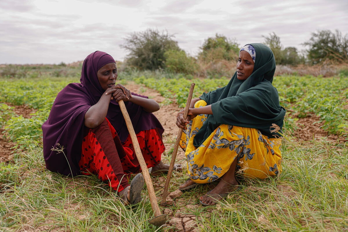 Two women sit in a field
