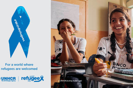 On the right, a picture of two young girls smiling and sitting at their desks in a classroom. On the left, a blue ribbon with the inscription "With Refugees". Text under the ribbon reads: "For a world where refugees are welcome".