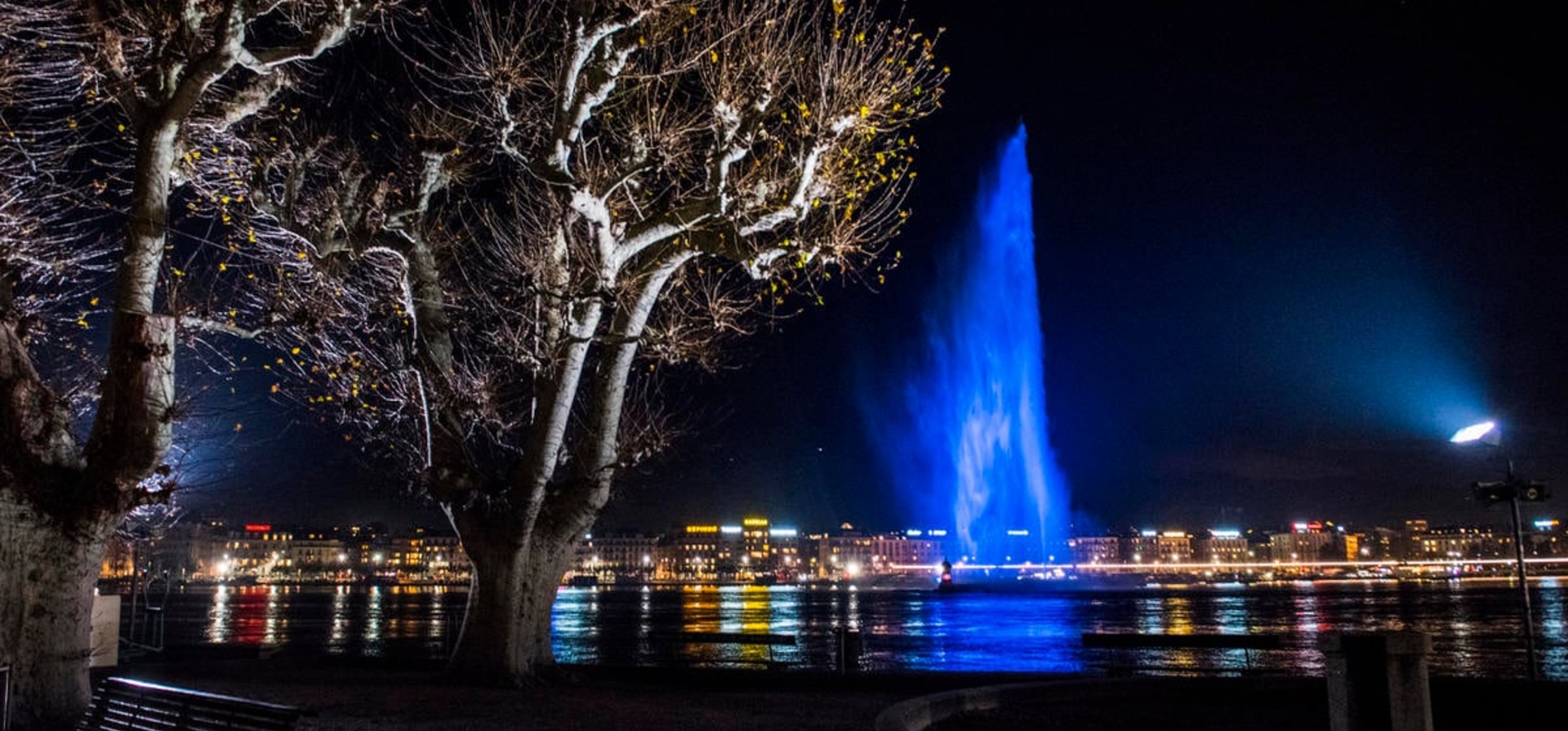 Switzerland. City of Geneva turns the Jet d'Eau blue in honour of the Global Refugee Forum