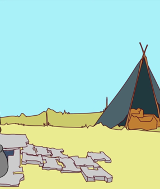 Illustration of an elderly couple standing next to a tent.