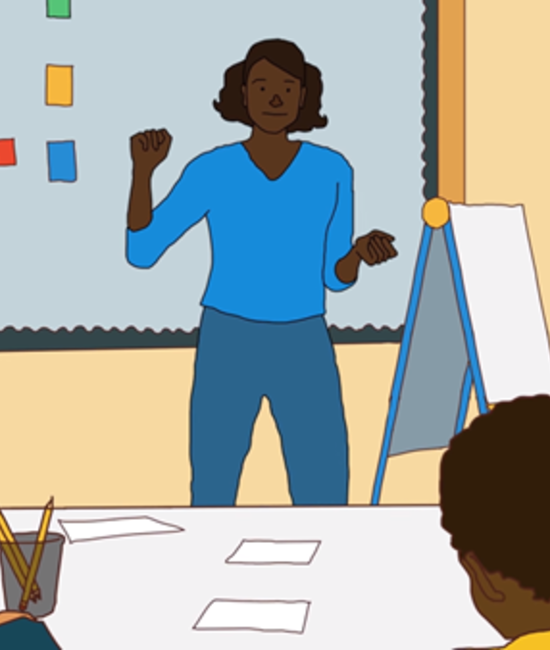 Illustration of a teacher in a classroom.