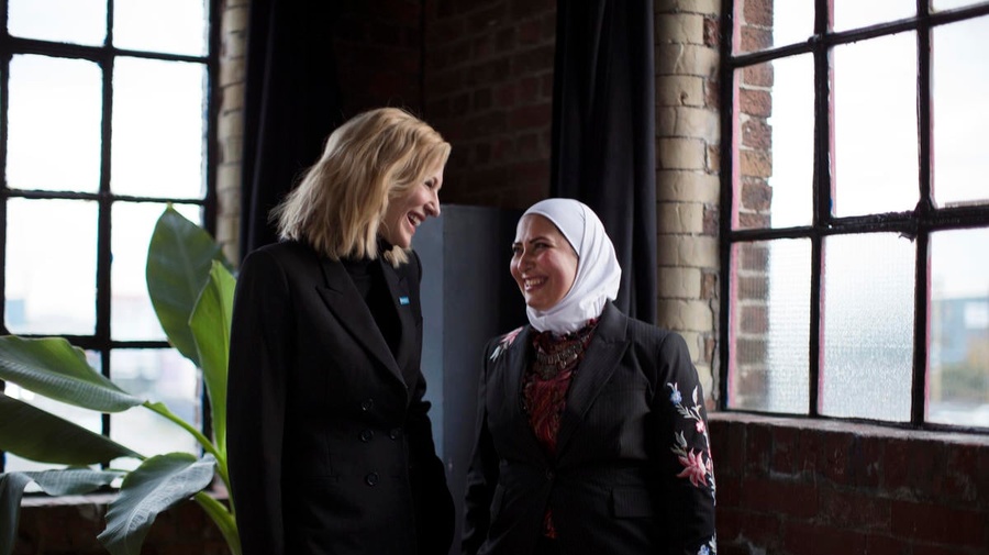 London. UNHCR Goodwill Ambassador Cate Blanchett with Razan Alsous, a refugee from Damascus, Syria, and Founder of Yorkshire Dama Cheese
