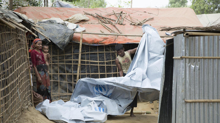 Rohingya refugees prepare their shelters in Cox's Bazar to withstand monsoon rains, March 2018.