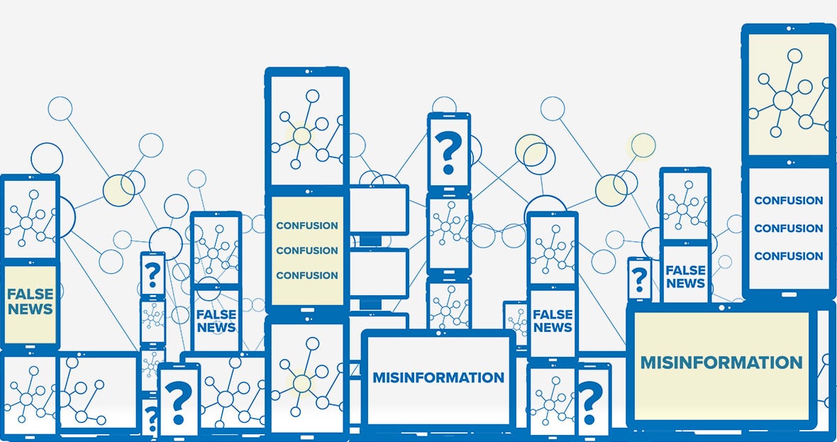 An illustration showing lots of phone screens and text saying &quot;misinformation&quot;, &quot;false news&quot; and &quot;confusion&quot; with question marks.