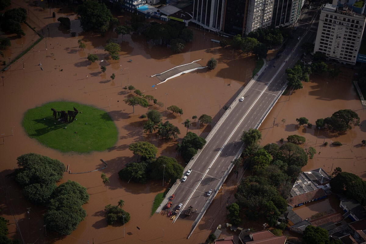 Aerial view of a flooded road bridge and park