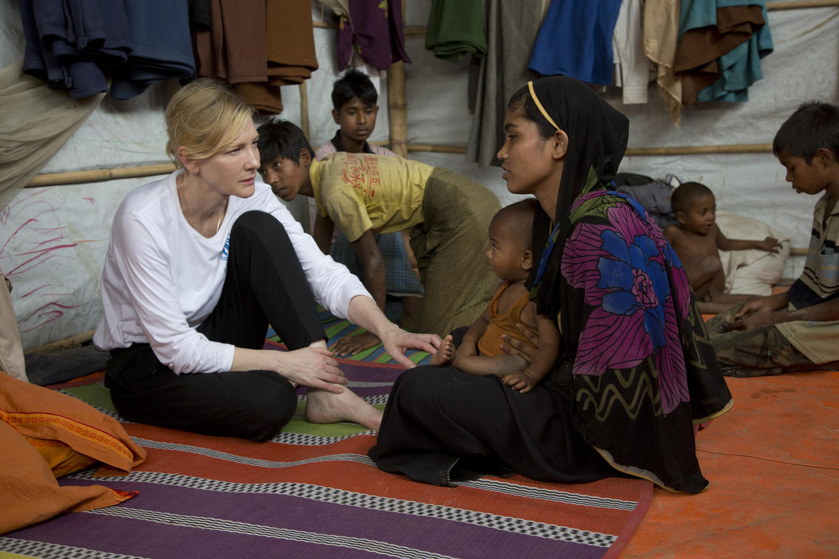 Bangladesh. UNHCR Goodwill Ambassador Cate Blanchett visits Rohingya refugee Nur Fatima in Nyapara refugee settlement.