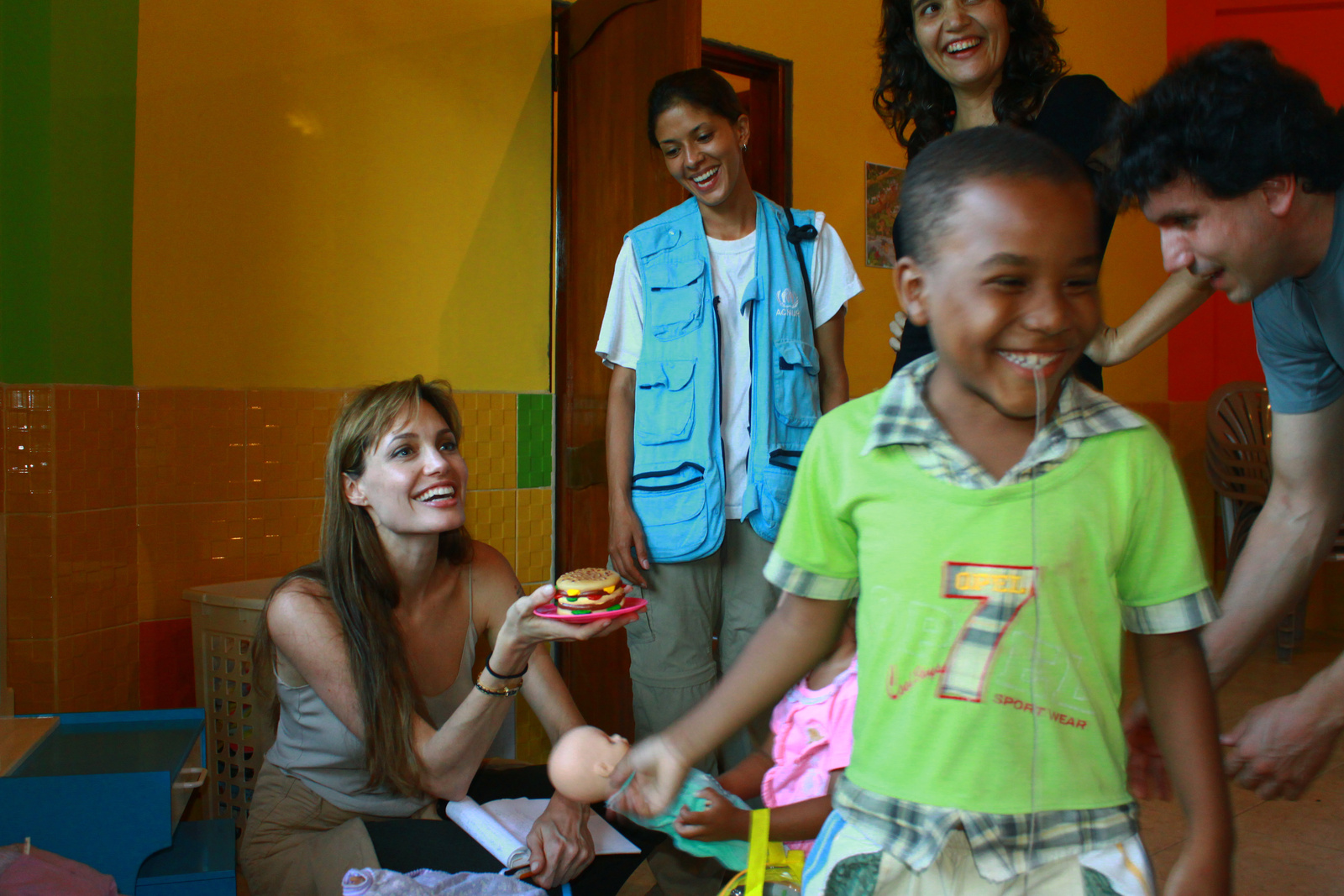 UNHCR Goodwill Ambassador Angelina Jolie visits a daycare centre run by the Women's Federation of Sucumbíos, a province in northern Ecuador.
