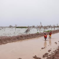 Adults carry children and belongings along a waterlogged road.