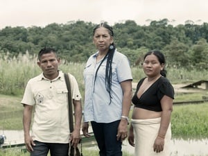 A man and two women stand in front of a stream on the edge of a rainforest.
