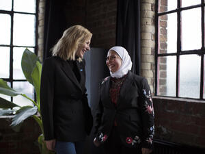 London. UNHCR Goodwill Ambassador Cate Blanchett with Razan Alsous, a refugee from Damascus, Syria, and Founder of Yorkshire Dama Cheese