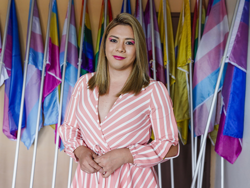 LGBT activist Bianka Rodriguez has her portrait taken at the offices of COMCAVIS Trans in San Salvador.