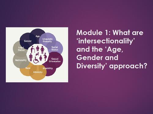 A screenshot of a powerpoint slide. Text reads 'What are 'intersectionality' and the 'Age, Gender and Diversity' approach?'
