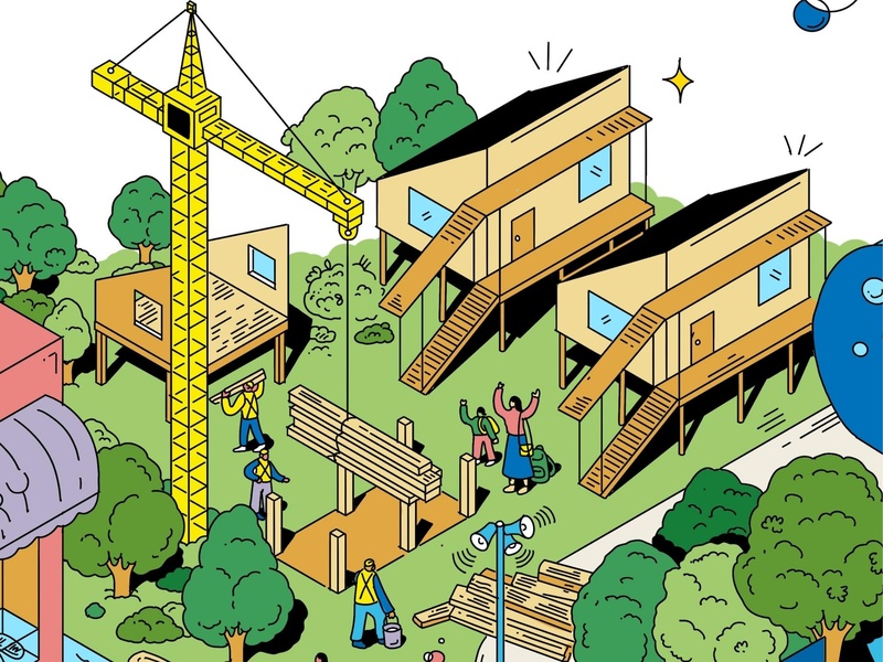 Illustration of small houses getting built.