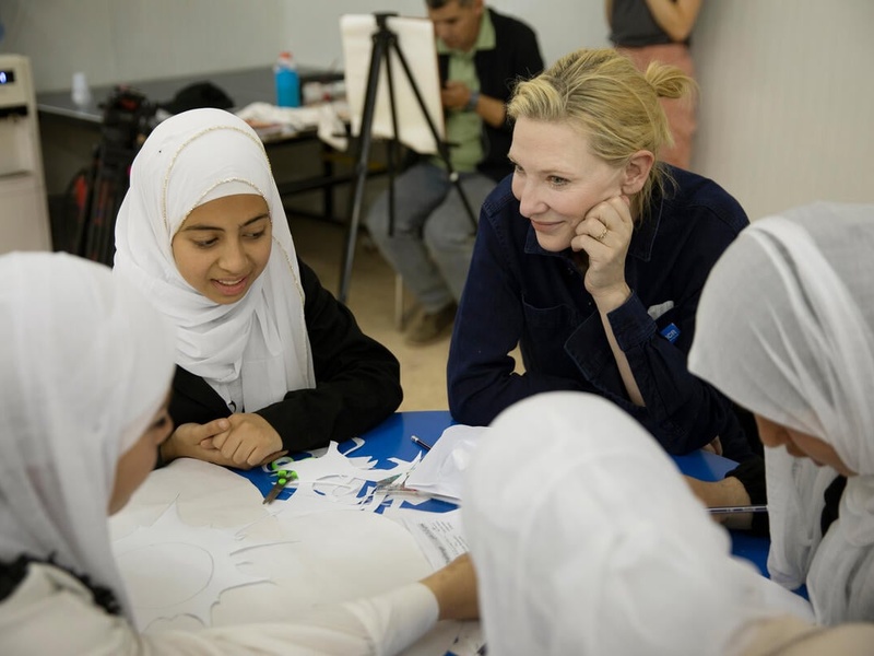 Jordan. UNHCR Goodwill Ambassador Cate Blanchett visits a TIGER workshop in the community centre in District 2 of Zaatari refugee camp