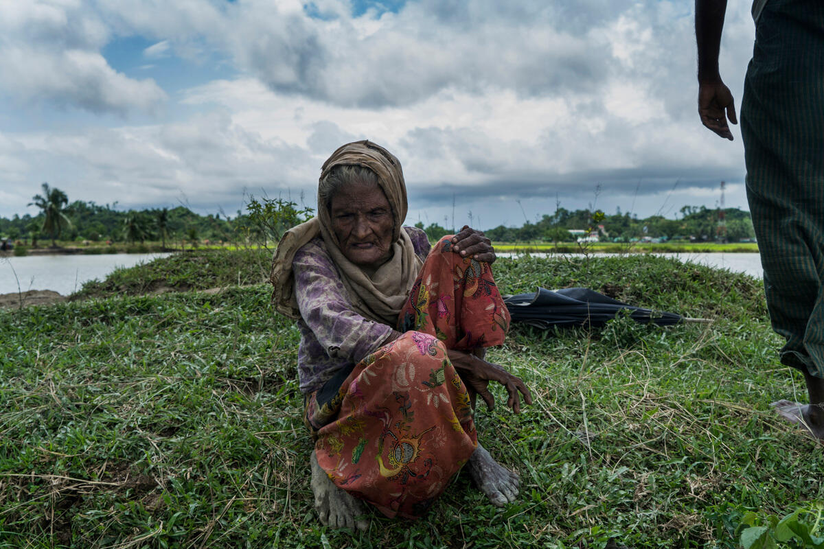 Bangladesh. An elderly Rohingya refugee is helped across the border