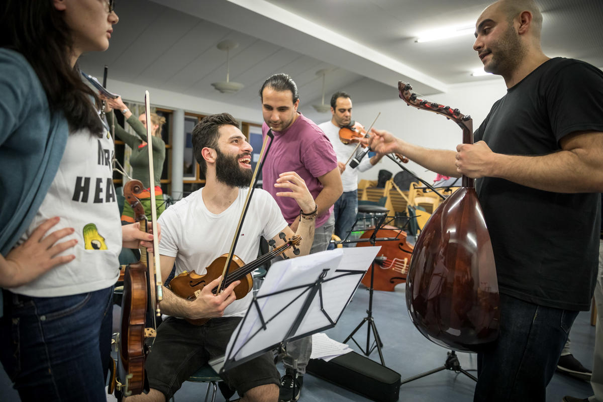 Germany. Bridges, a Frankfurt-based orchestra of international musicians, a number of whom are refugees from Syria, Iran, Afghanistan and Eritrea