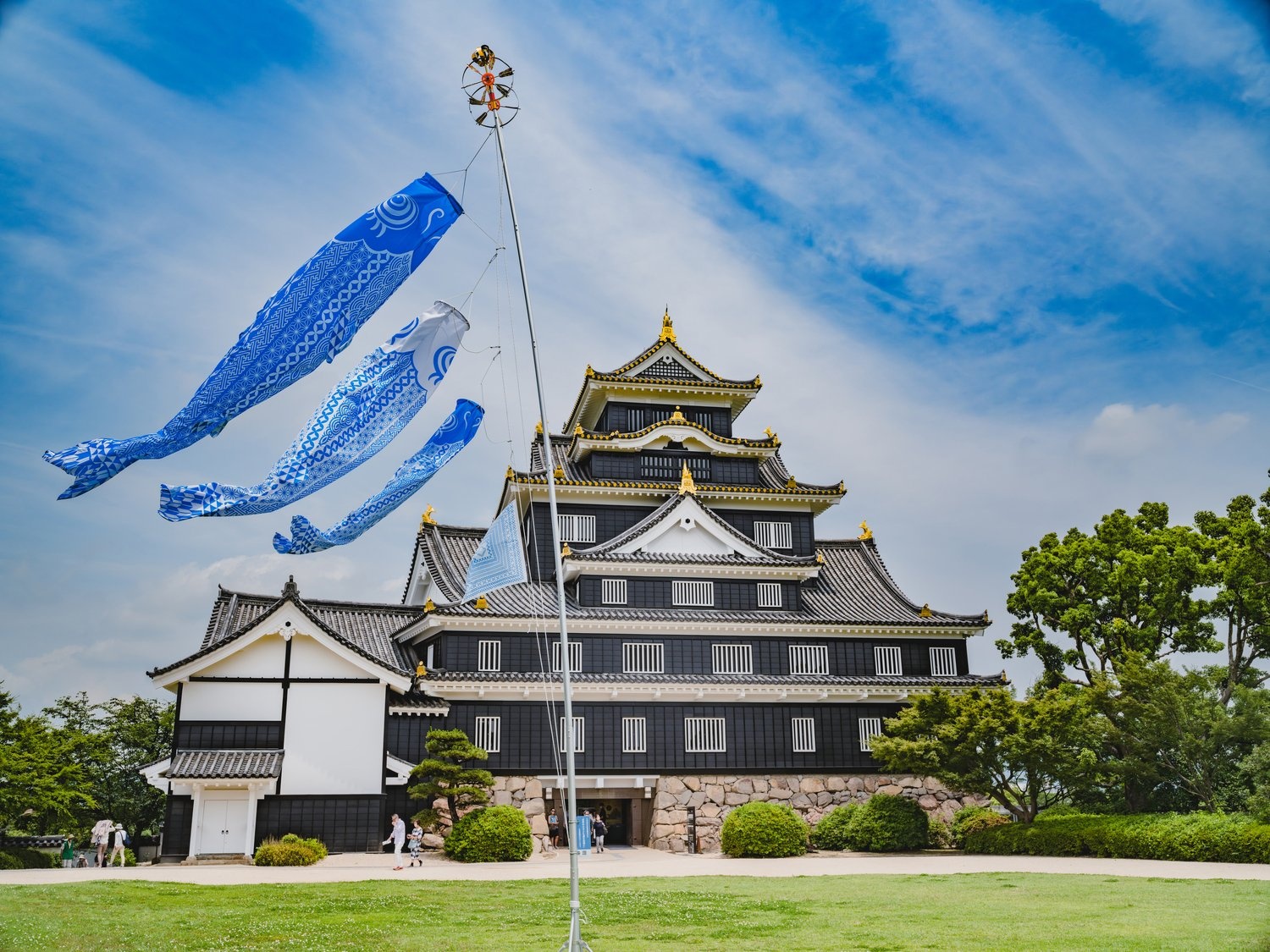 Blue wind socks designed to look like carp blow in front of a building in Japan.