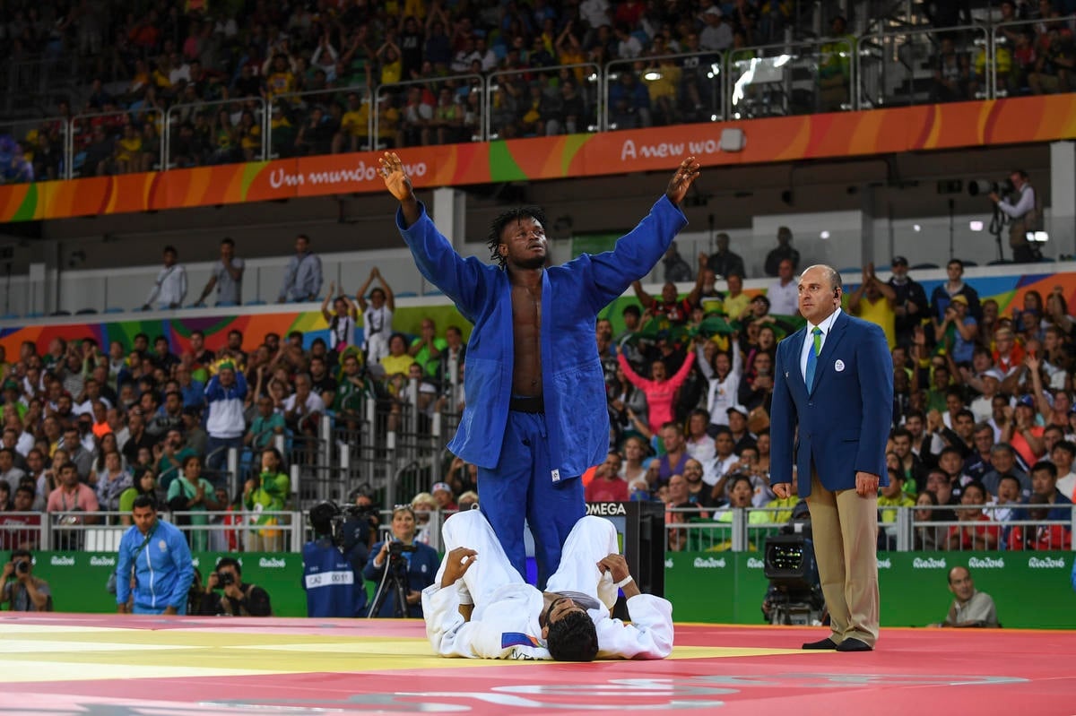 Brazil. Congolese refugee, Popole Misenga, wins his first round judo match at Rio 2016