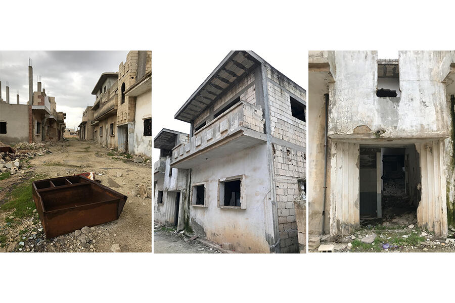 The street where Hani lived (left). Hani's house (center). Hani's front doorway (right). 
