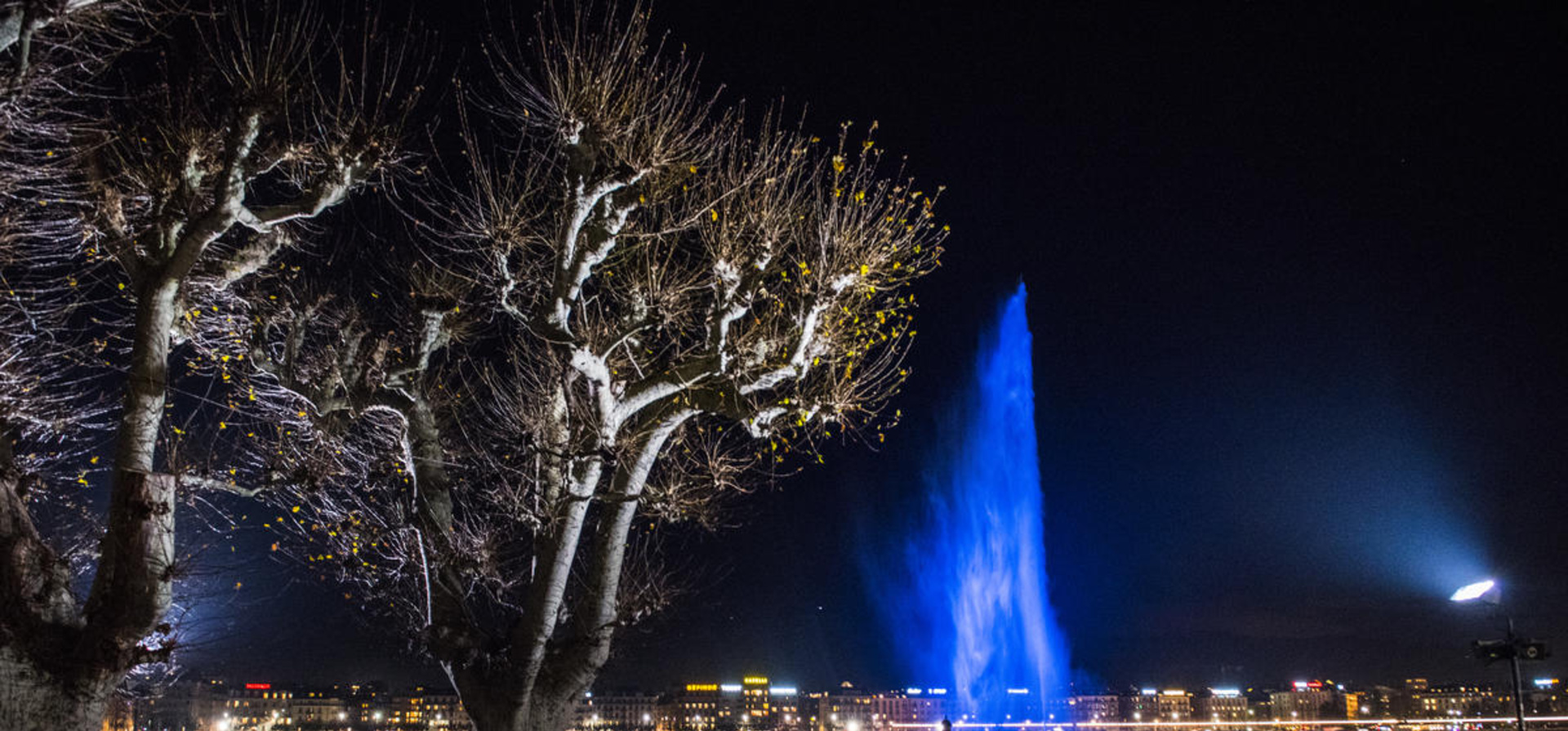 Switzerland. City of Geneva turns the Jet d'Eau blue in honour of the Global Refugee Forum