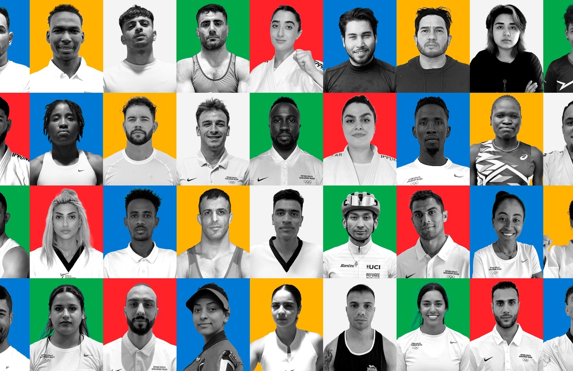 A collage of refugee athletes